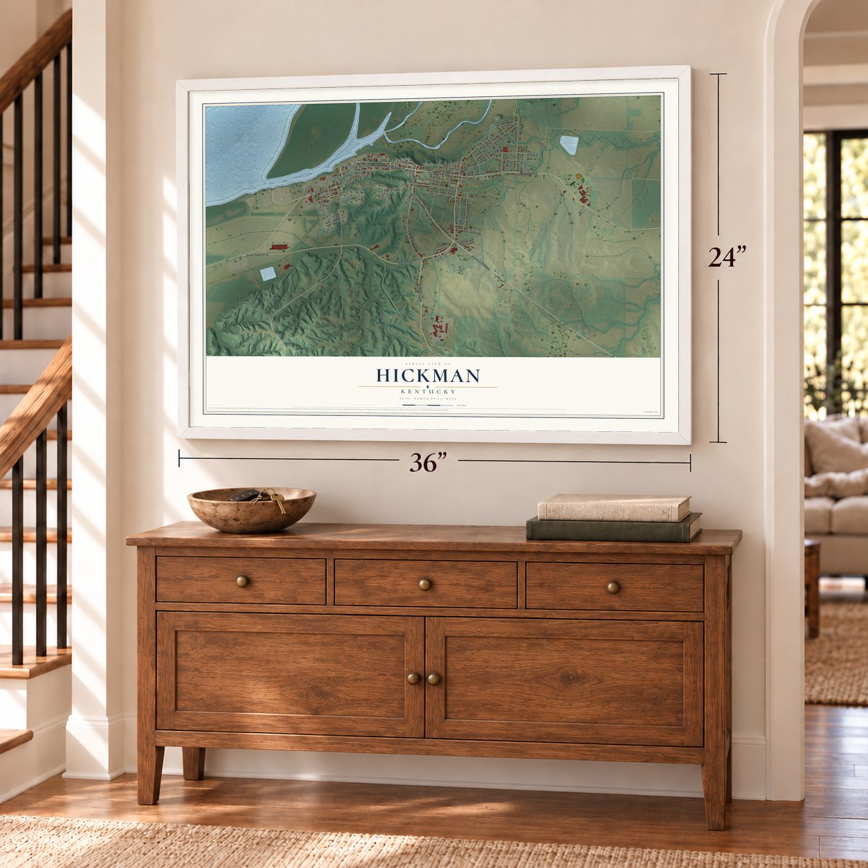 Hickman, Kentucky map, 24 x 36 inch print in a white frame above a dresser by a staircase