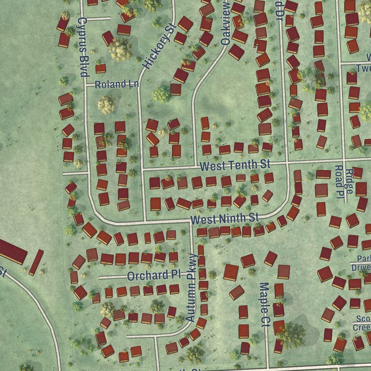 Second close-up of the map of Hickman, Nebraska print showing more streets and buildings