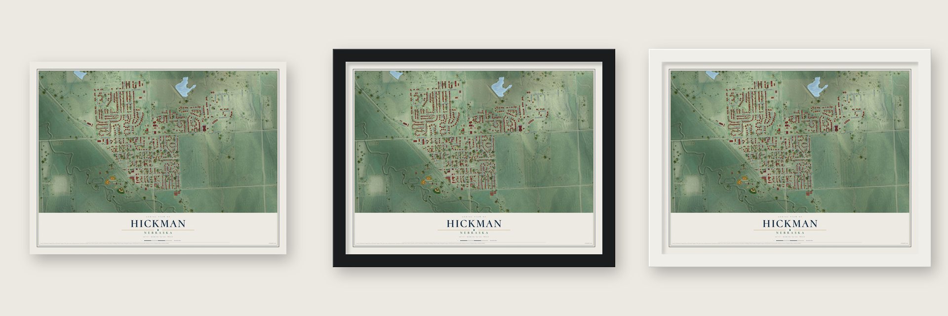 Hickman, Nebraska map unframed, in a black wood frame and in a white wood frame
