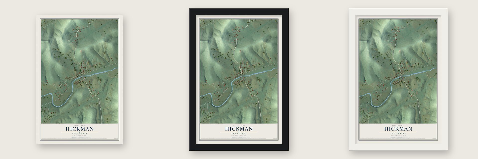 Hickman, Tennessee map unframed, in a black wood frame and in a white wood frame