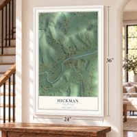 Hickman, Tennessee map, 24 x 36 inch print in a white frame by a staircase