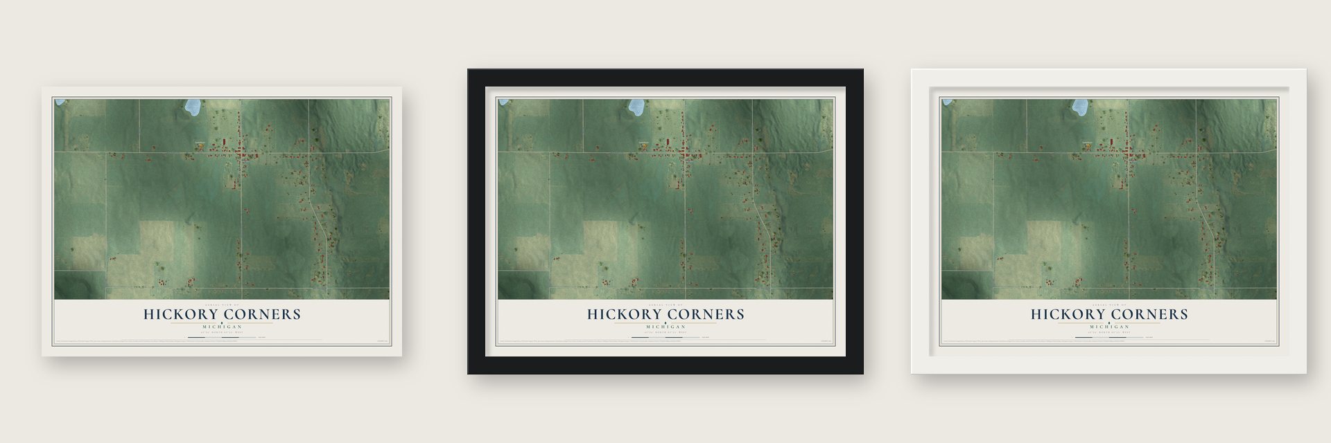 Hickory Corners, Michigan map unframed, in a black wood frame and in a white wood frame