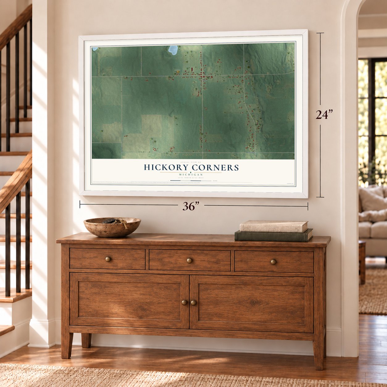 Hickory Corners, Michigan map, 24 x 36 inch print in a white frame above a dresser by a staircase