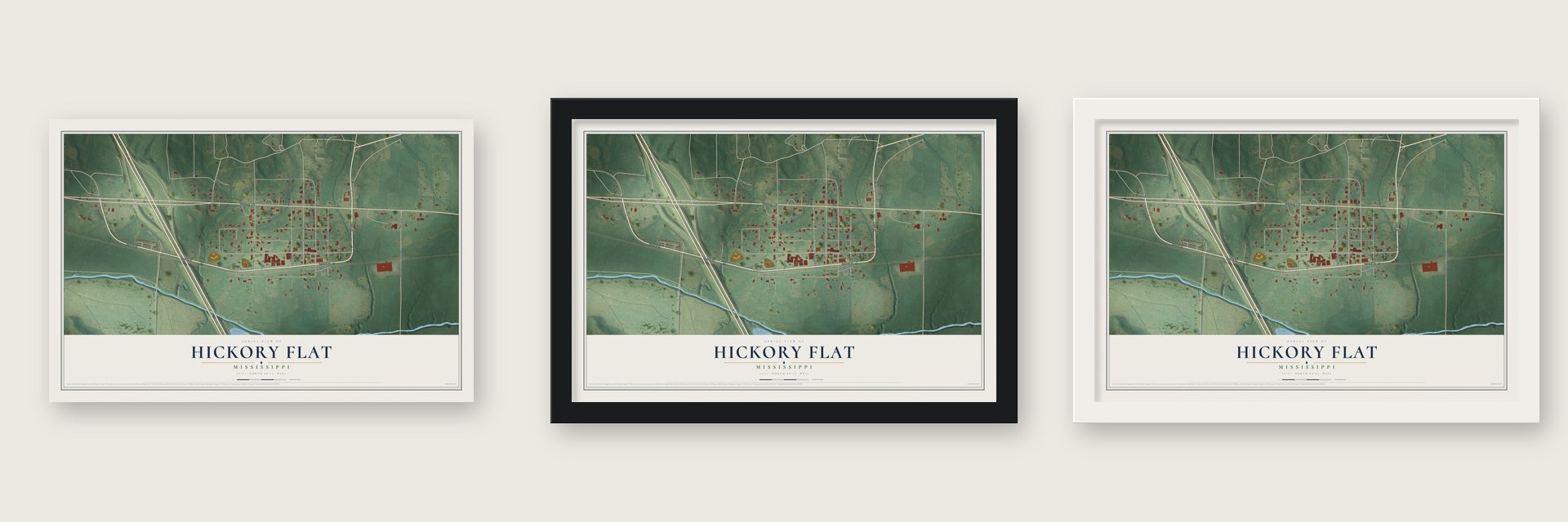 Hickory Flat, Mississippi map unframed, in a black wood frame and in a white wood frame