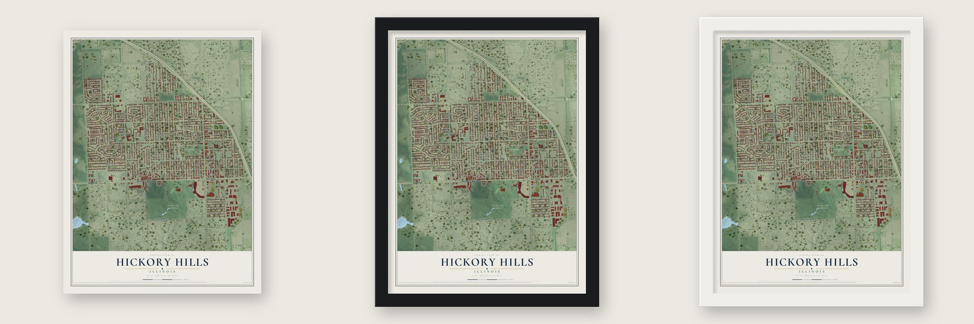 Hickory Hills, Illinois map unframed, in a black wood frame and in a white wood frame