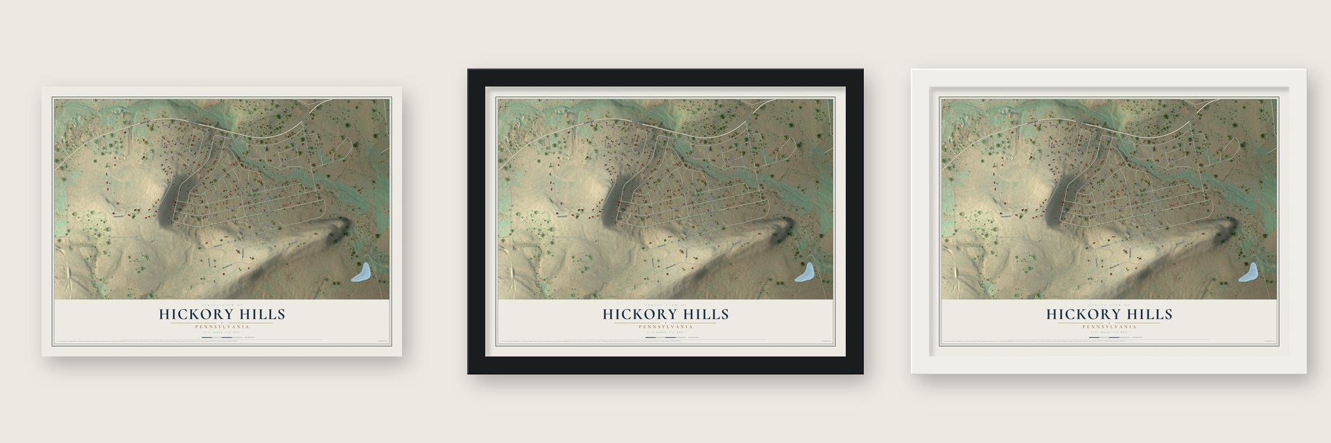 Hickory Hills, Pennsylvania map unframed, in a black wood frame and in a white wood frame