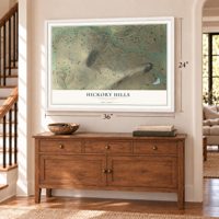 Hickory Hills, Pennsylvania map, 24 x 36 inch print in a white frame above a dresser by a staircase