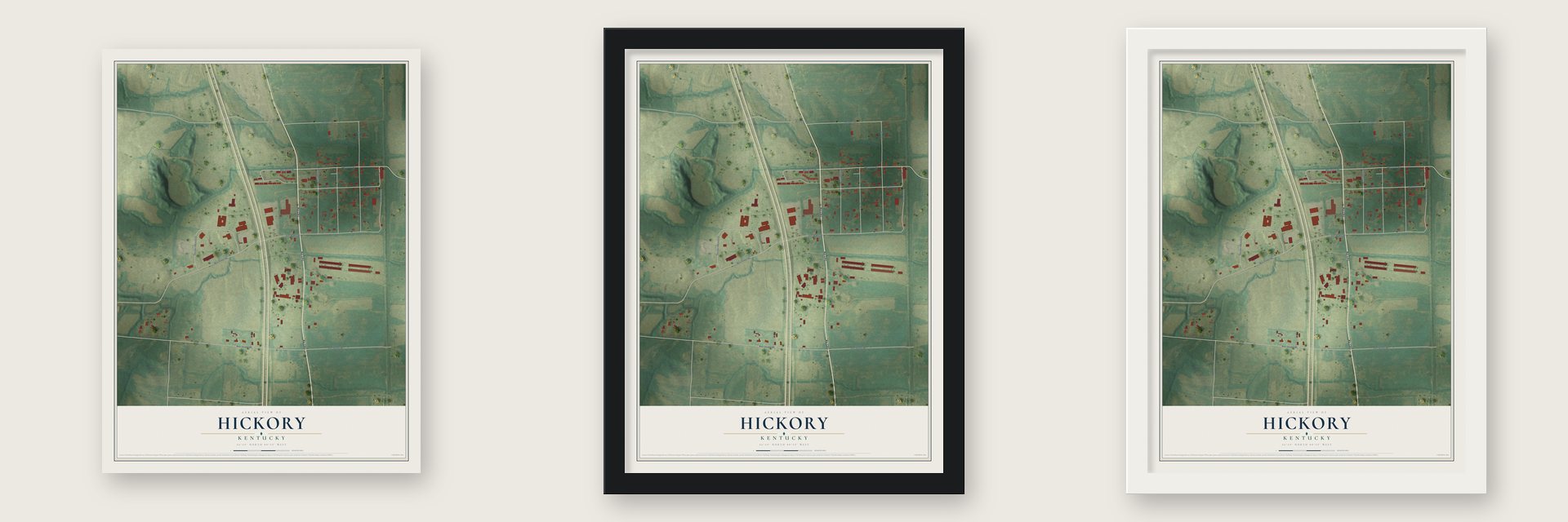 Hickory, Kentucky map unframed, in a black wood frame and in a white wood frame