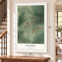 Hickory, Kentucky map, 24 x 36 inch print in a white frame by a staircase