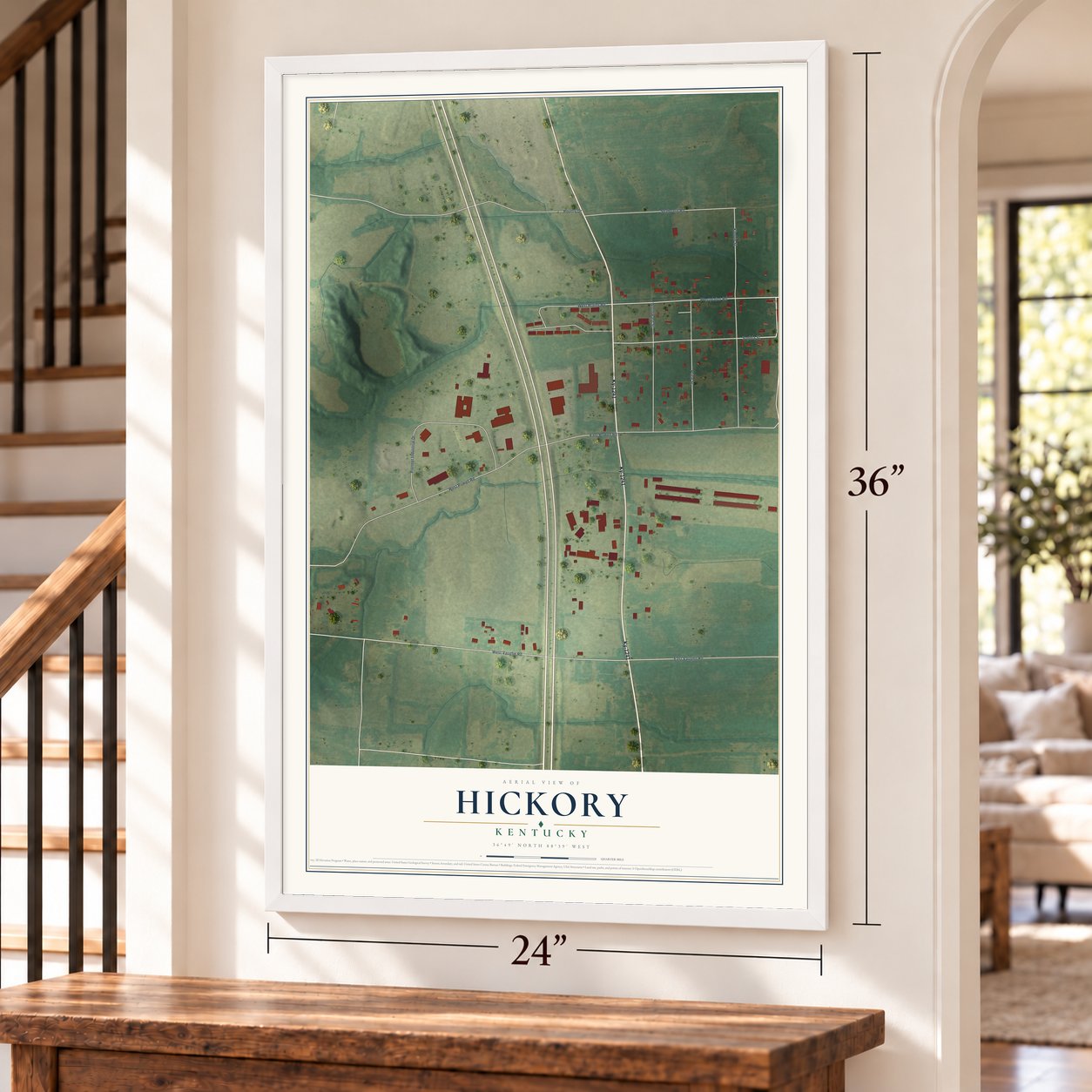 Hickory, Kentucky map, 24 x 36 inch print in a white frame by a staircase