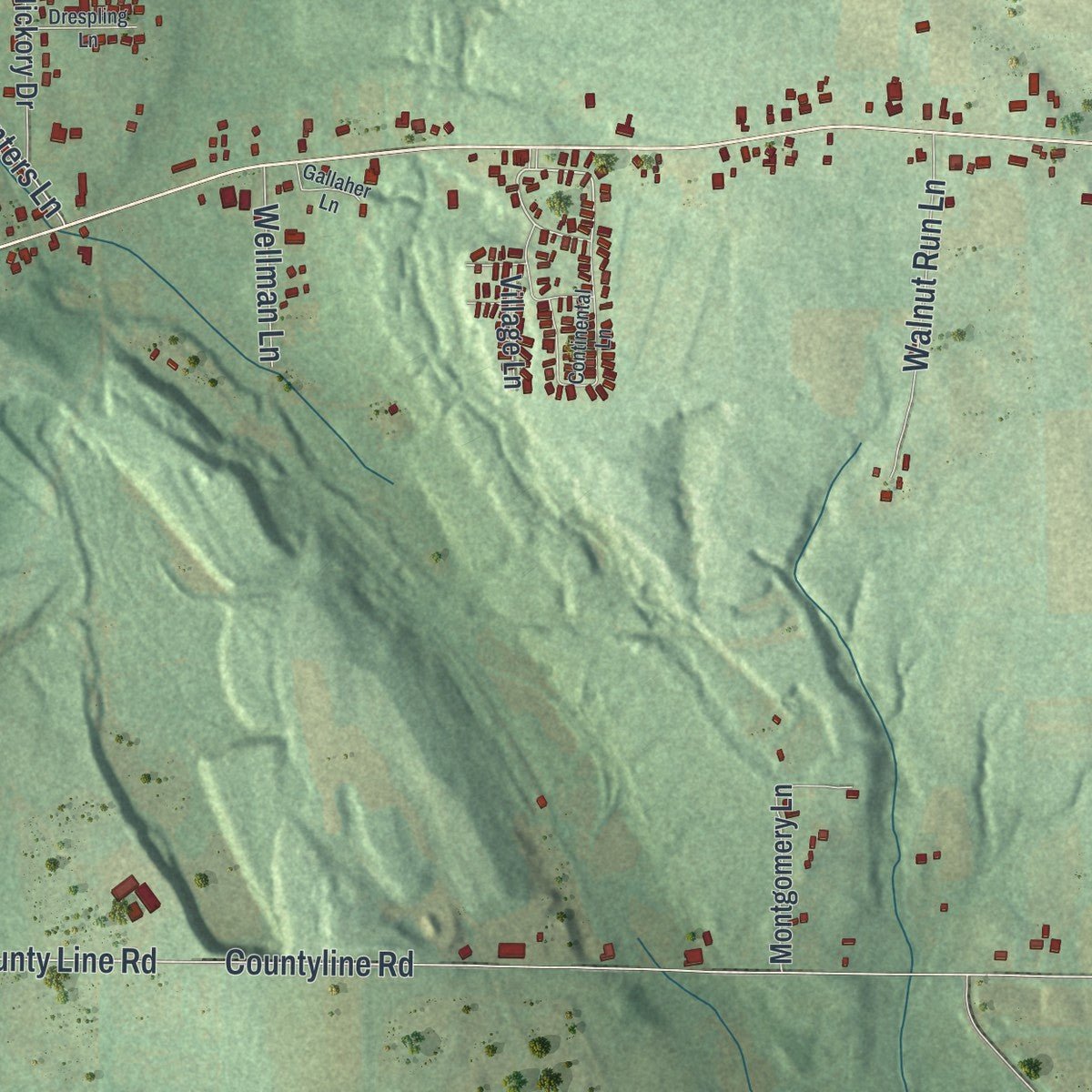 Second close-up of the map of Hickory, Lawrence County, Pennsylvania print showing more streets and buildings