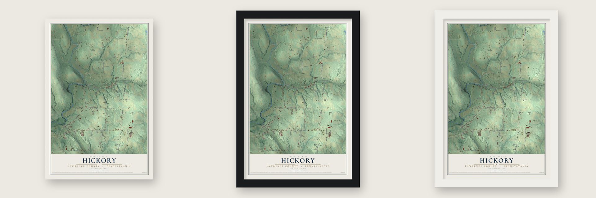 Hickory, Lawrence County, Pennsylvania map unframed, in a black wood frame and in a white wood frame