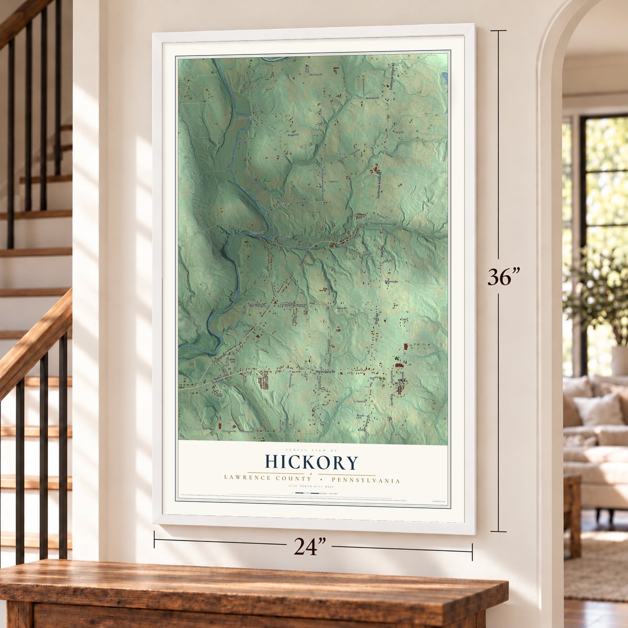 Hickory, Lawrence County, Pennsylvania map, 24 x 36 inch print in a white frame by a staircase
