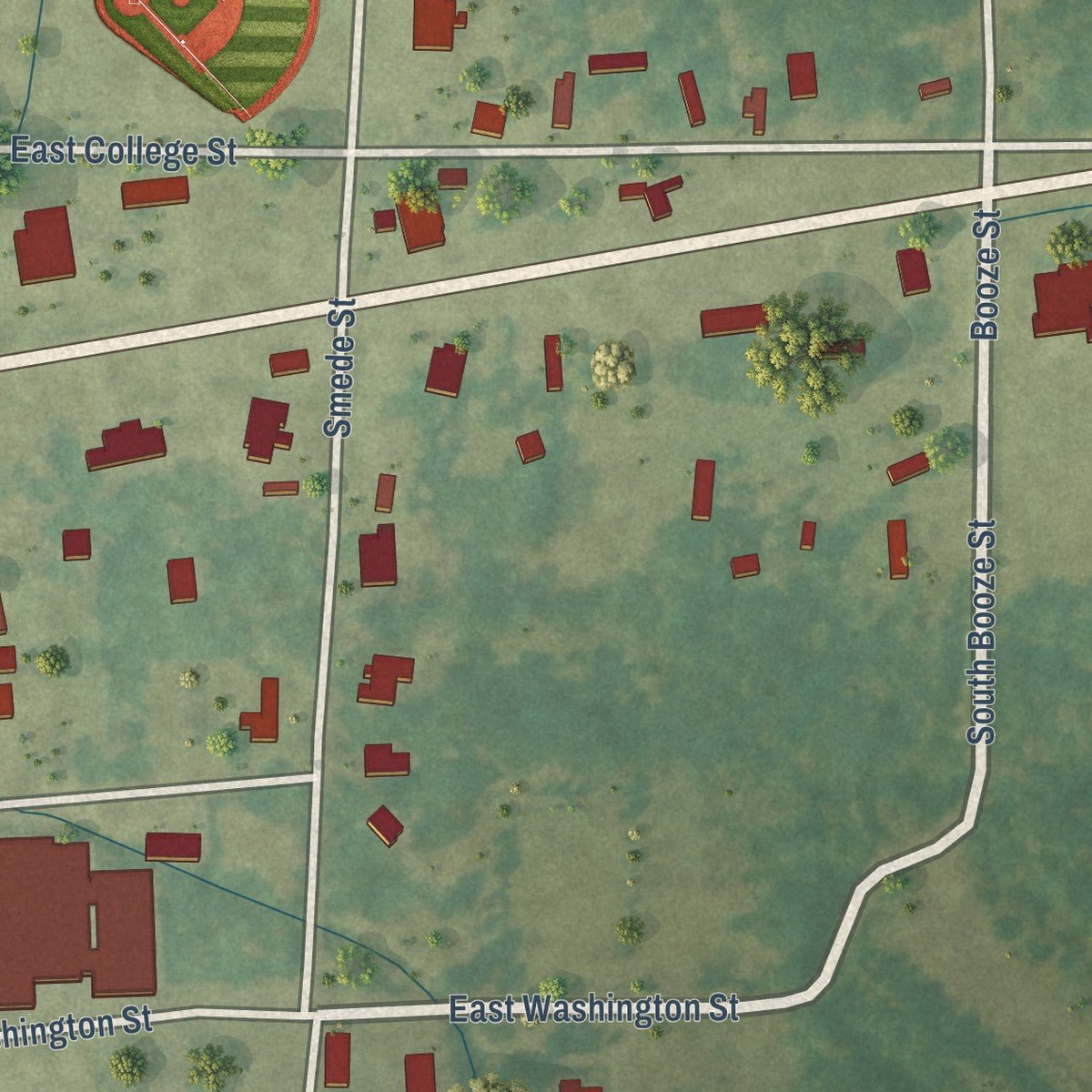 Second close-up of the map of Hickory, Mississippi print showing more streets and buildings