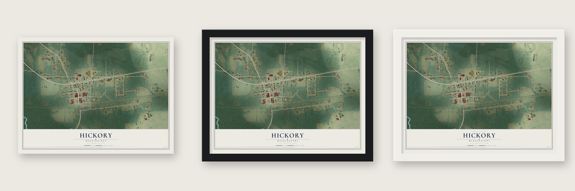 Hickory, Mississippi map unframed, in a black wood frame and in a white wood frame