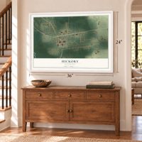 Hickory, Mississippi map, 24 x 36 inch print in a white frame above a dresser by a staircase