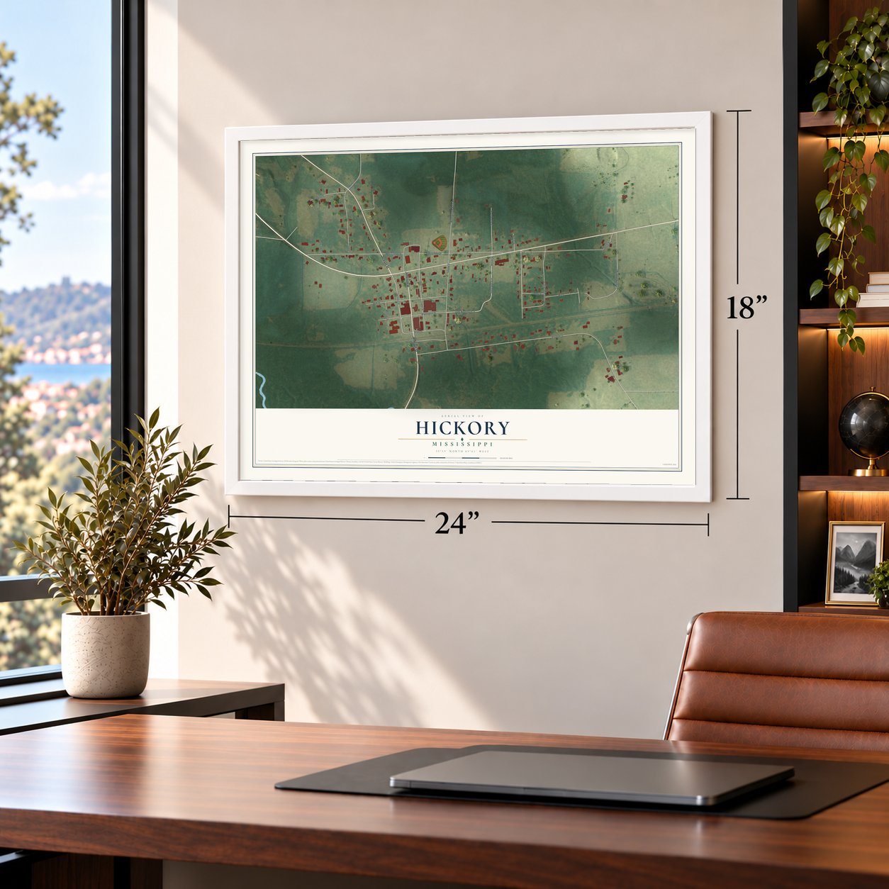 Hickory, Mississippi map, 18 x 24 inch print in a white frame in a home office