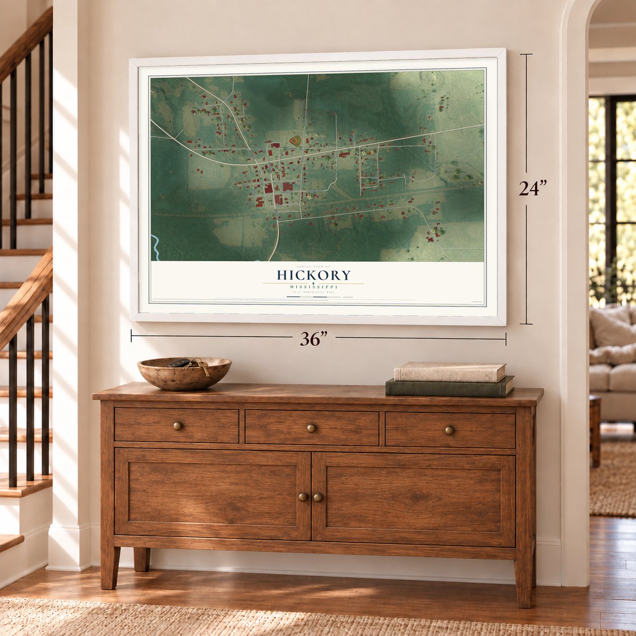 Hickory, Mississippi map, 24 x 36 inch print in a white frame above a dresser by a staircase