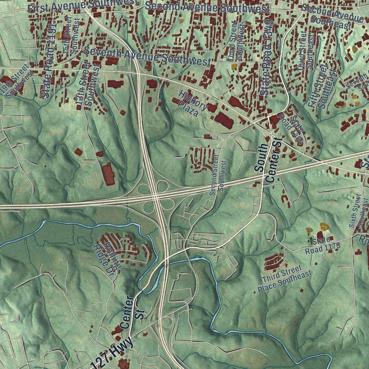Second close-up of the map of Hickory, North Carolina print showing more streets and buildings