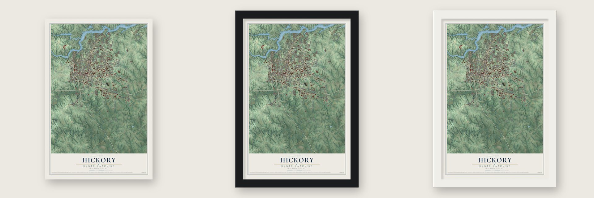 Hickory, North Carolina map unframed, in a black wood frame and in a white wood frame
