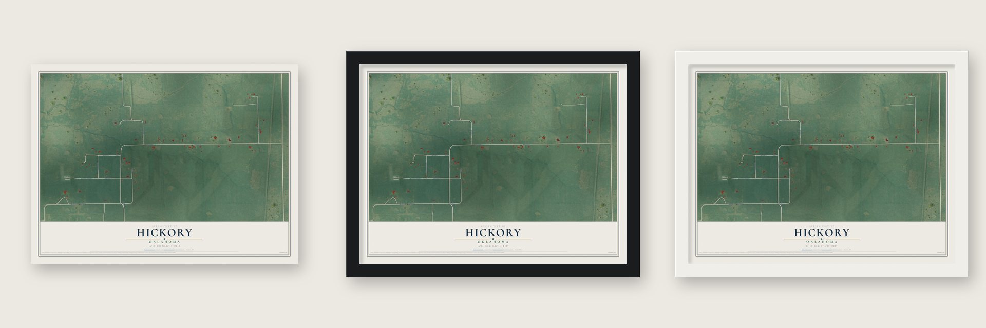 Hickory, Oklahoma map unframed, in a black wood frame and in a white wood frame