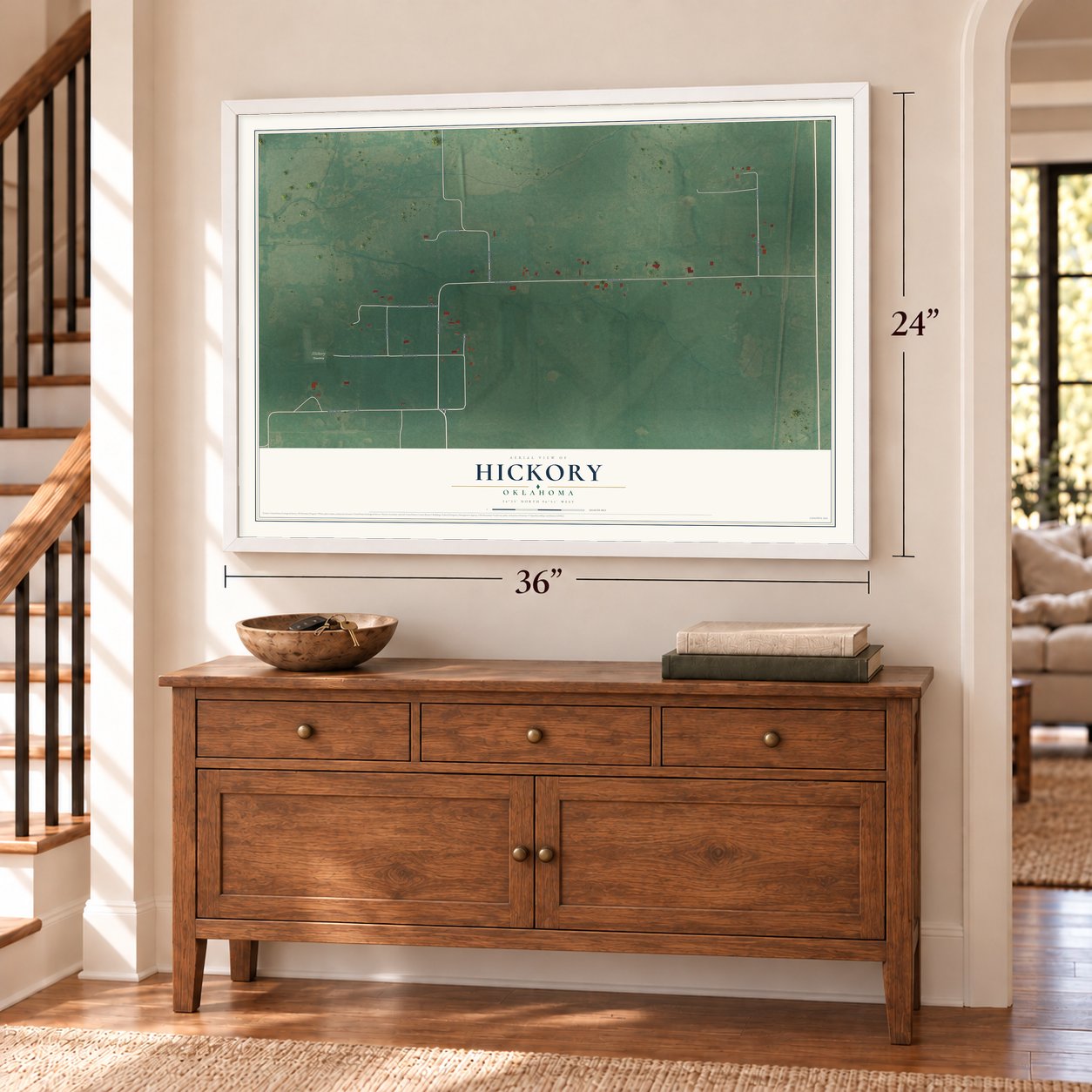Hickory, Oklahoma map, 24 x 36 inch print in a white frame above a dresser by a staircase