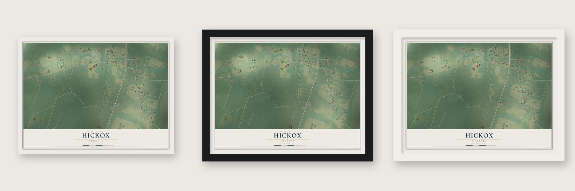 Hickox, Georgia map unframed, in a black wood frame and in a white wood frame
