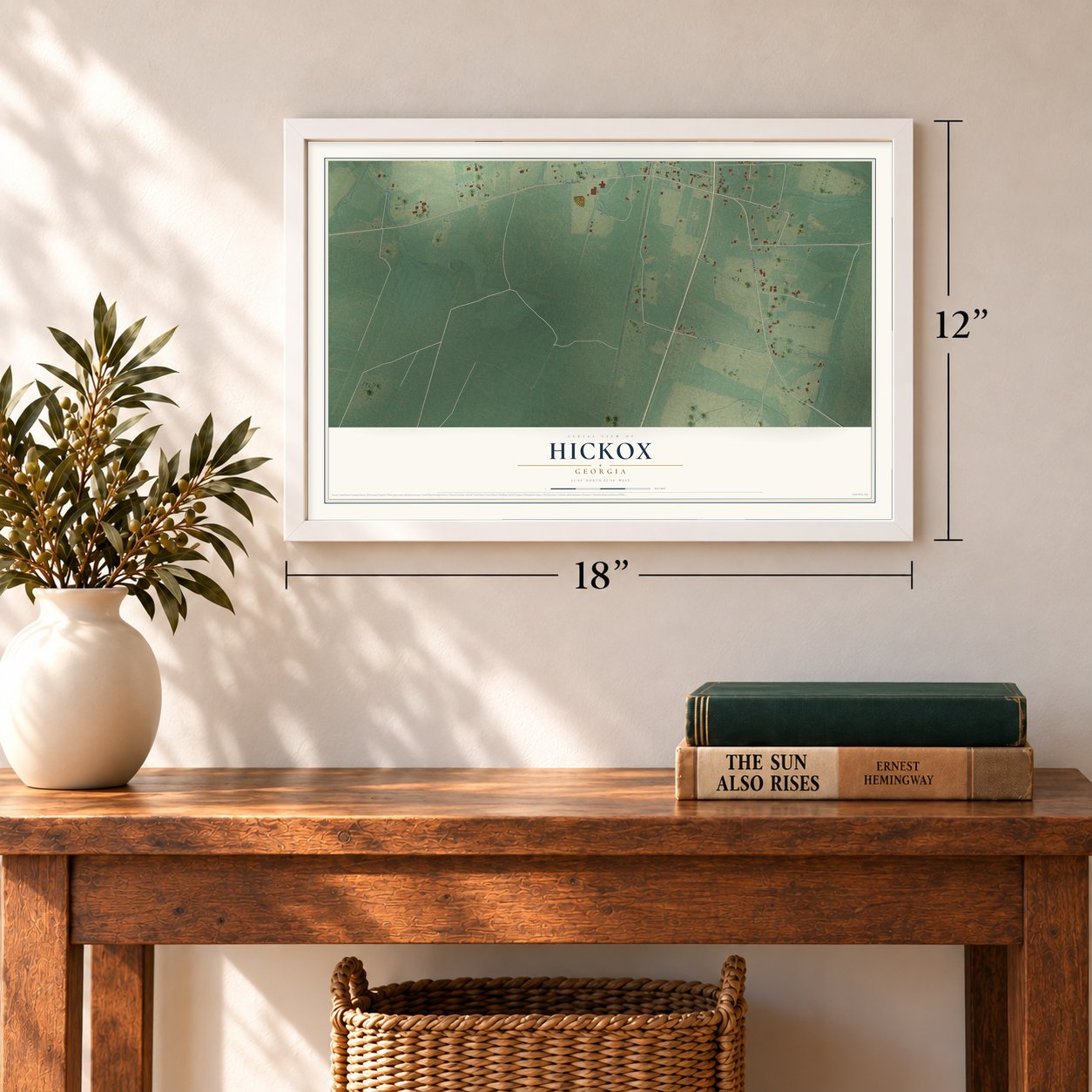 Hickox, Georgia map, 12 x 18 inch print in a white frame in an entryway