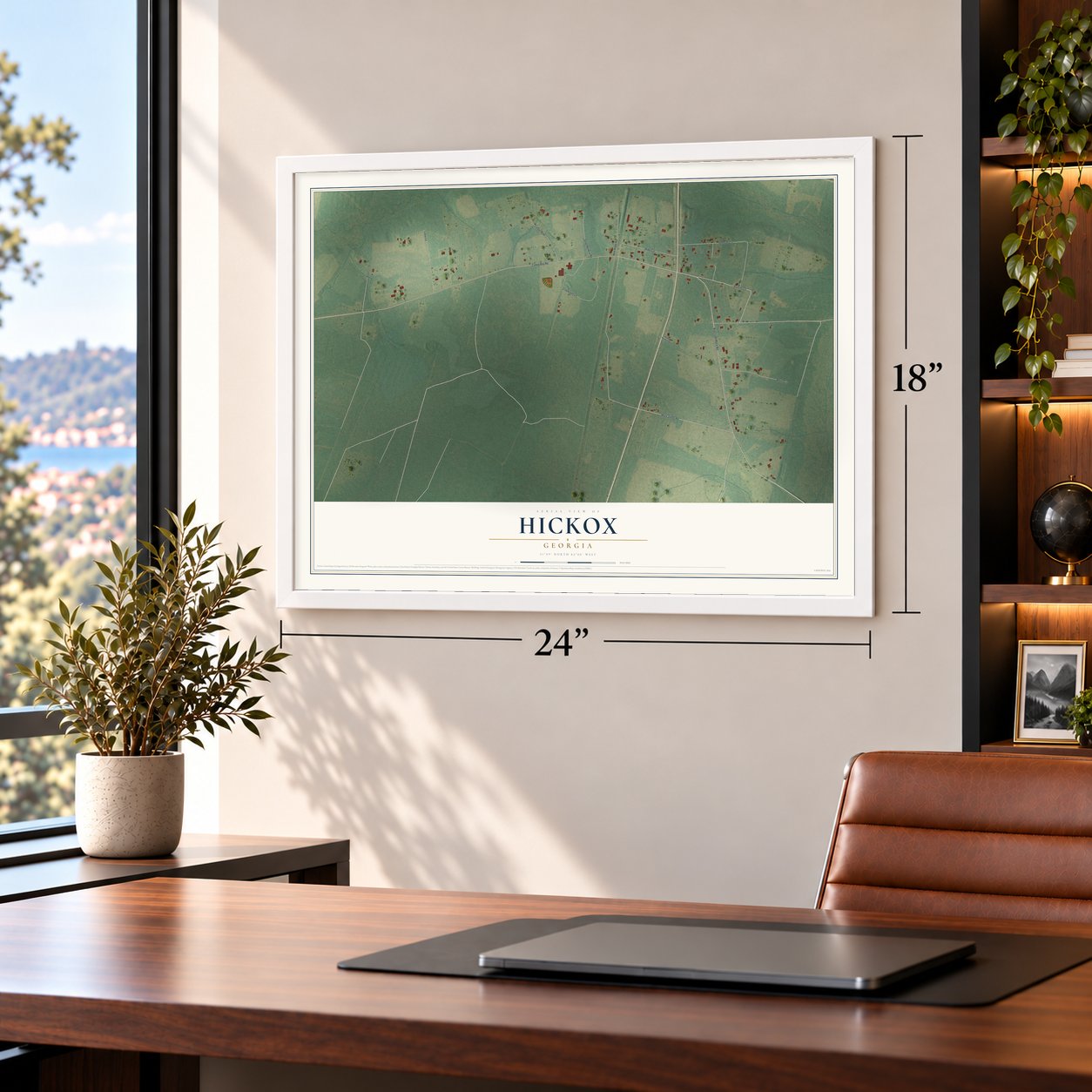 Hickox, Georgia map, 18 x 24 inch print in a white frame in a home office