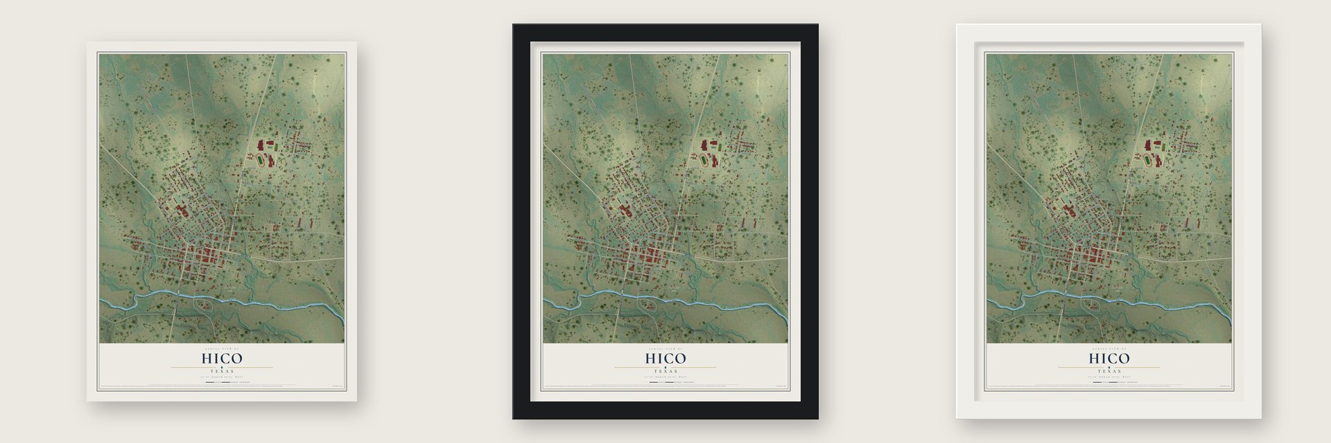 Hico, Texas map unframed, in a black wood frame and in a white wood frame