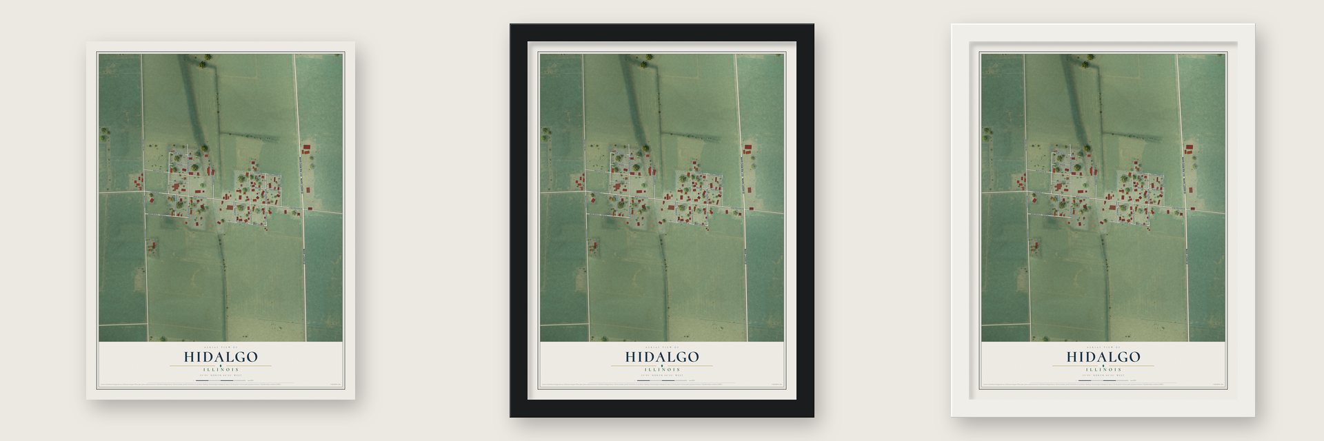 Hidalgo, Illinois map unframed, in a black wood frame and in a white wood frame
