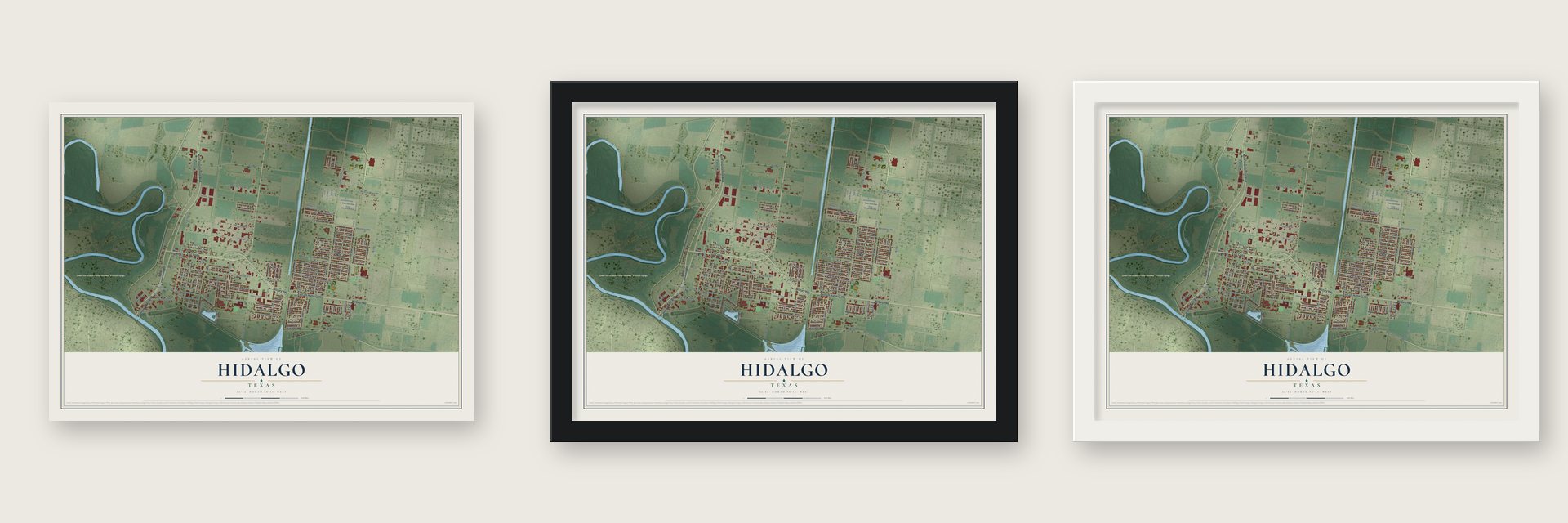 Hidalgo, Texas map unframed, in a black wood frame and in a white wood frame