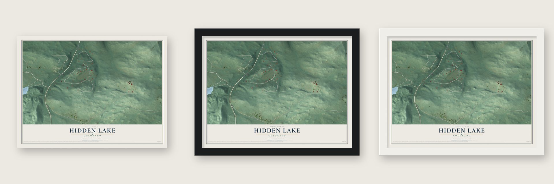Hidden Lake, Colorado map unframed, in a black wood frame and in a white wood frame
