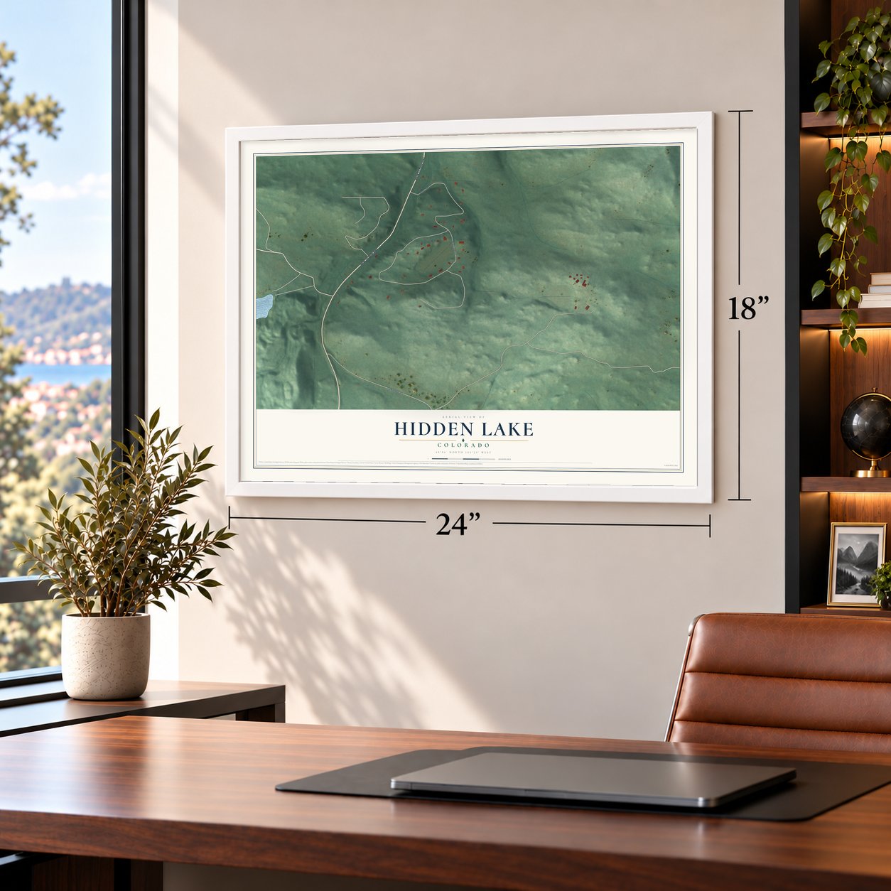 Hidden Lake, Colorado map, 18 x 24 inch print in a white frame in a home office