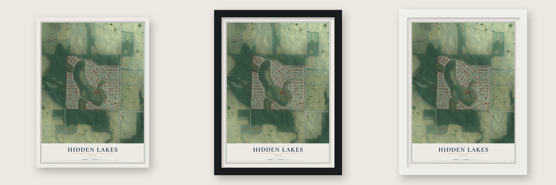 Hidden Lakes, Ohio map unframed, in a black wood frame and in a white wood frame