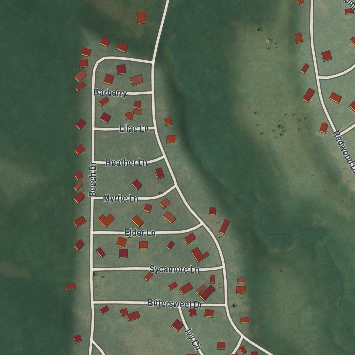 Second close-up of the map of Hidden Lakes, Ohio print showing more streets and buildings