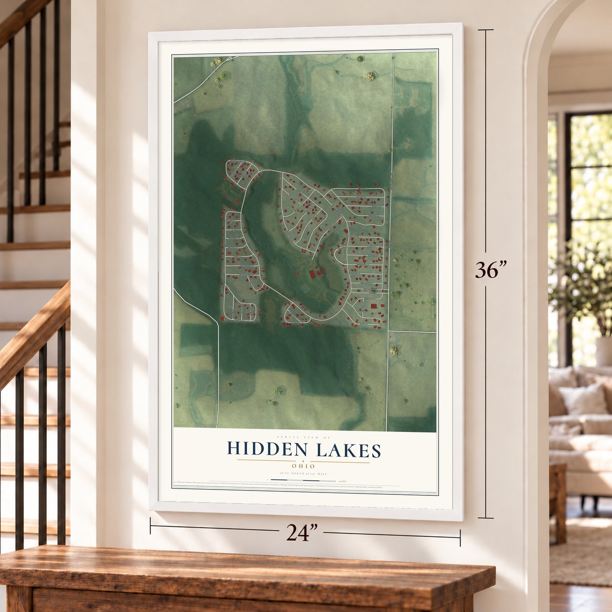Hidden Lakes, Ohio map, 24 x 36 inch print in a white frame by a staircase