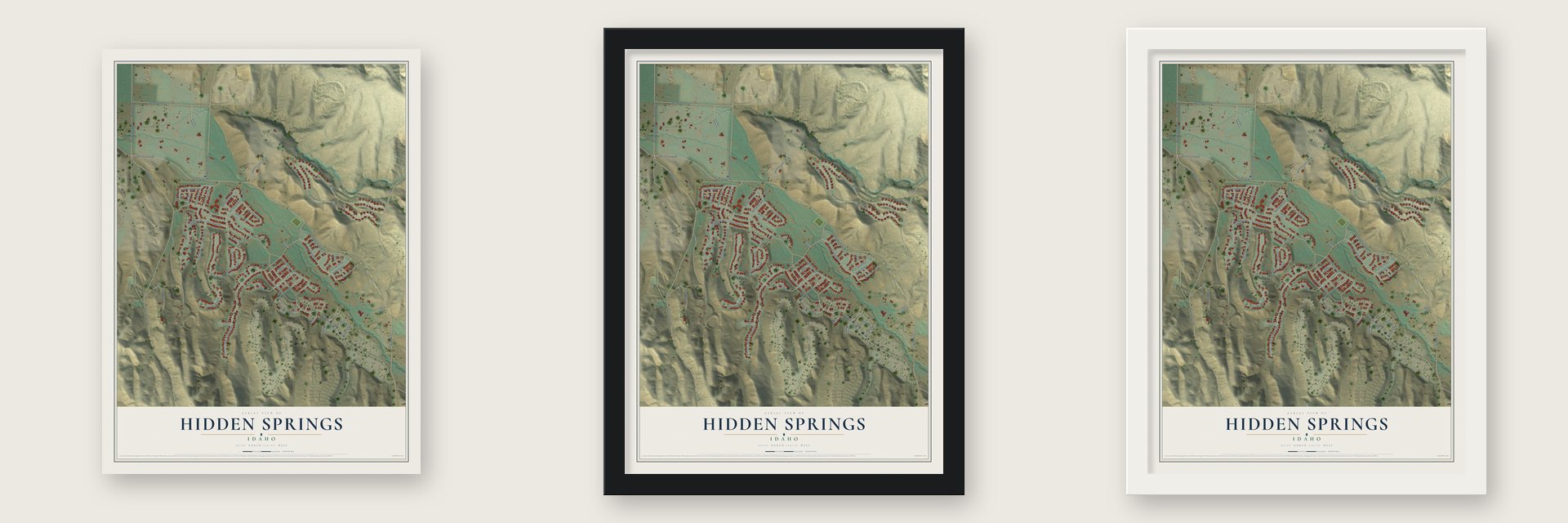 Hidden Springs, Idaho map unframed, in a black wood frame and in a white wood frame