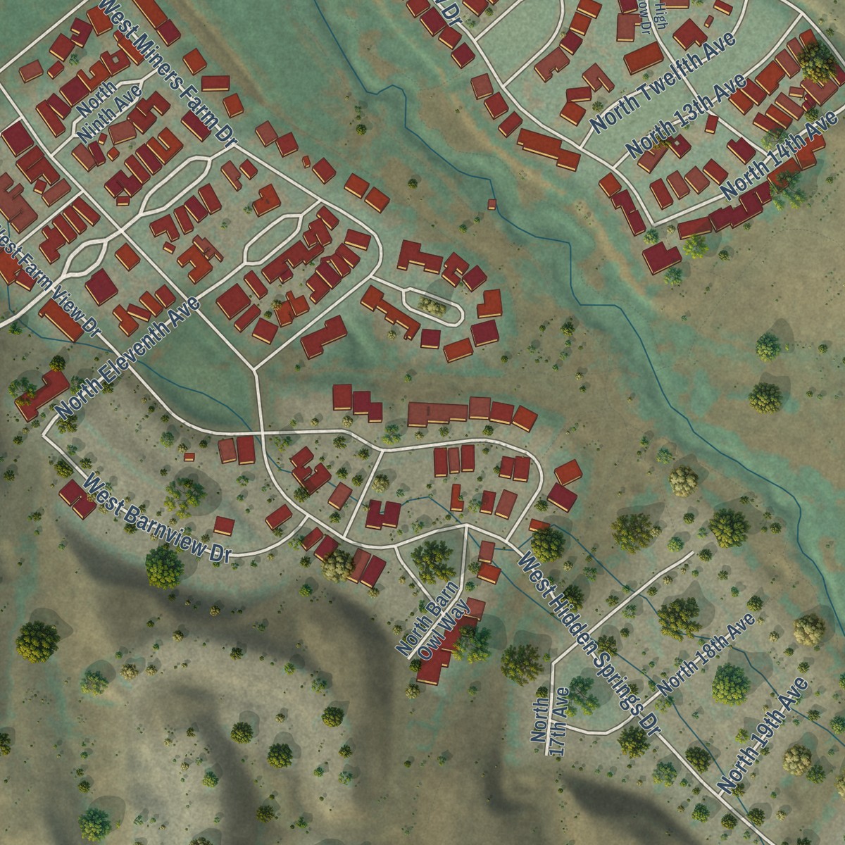 Second close-up of the map of Hidden Springs, Idaho print showing more streets and buildings