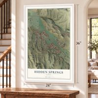 Hidden Springs, Idaho map, 24 x 36 inch print in a white frame by a staircase