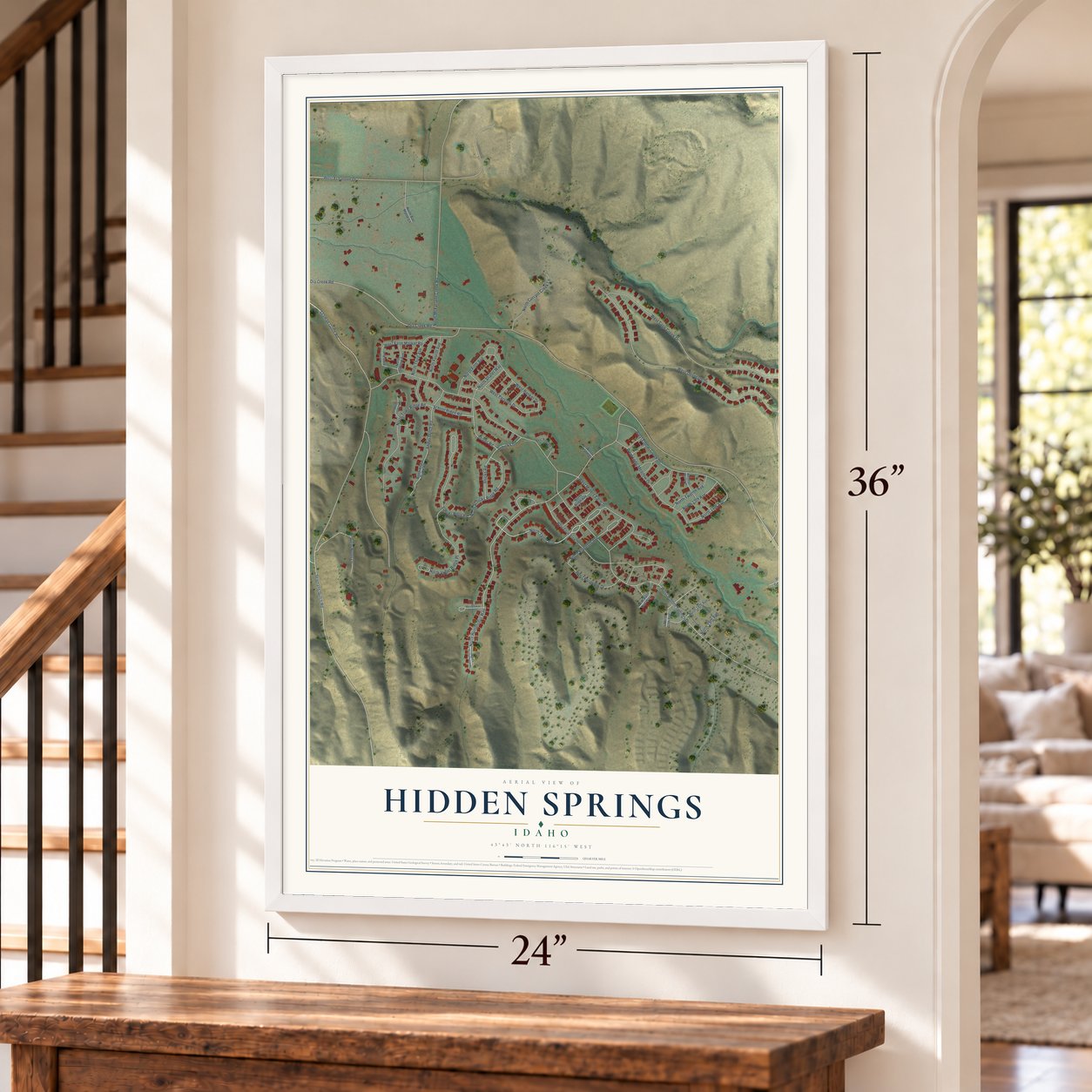 Hidden Springs, Idaho map, 24 x 36 inch print in a white frame by a staircase