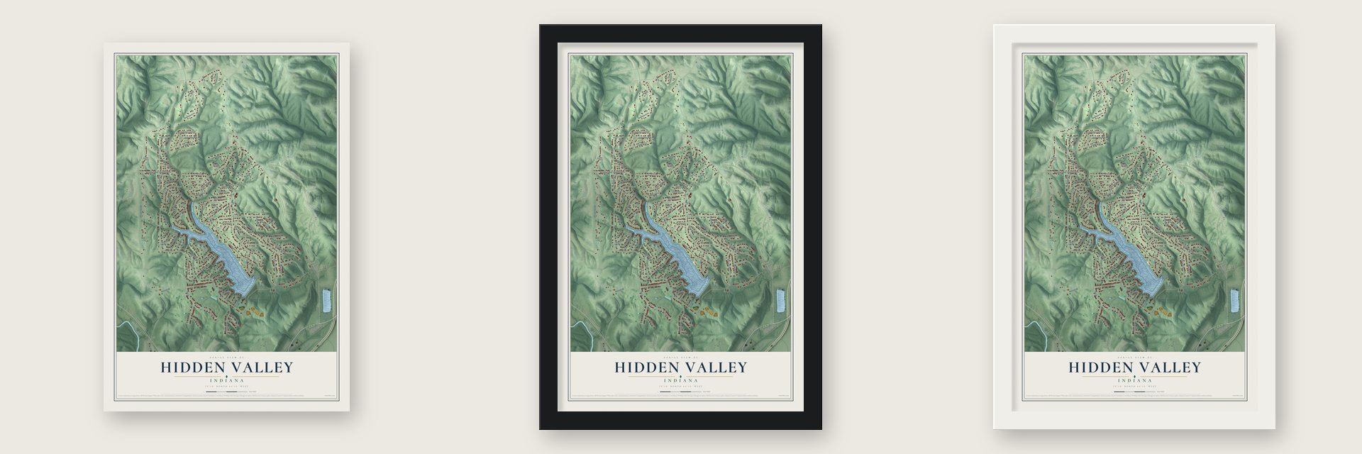 Hidden Valley, Indiana map unframed, in a black wood frame and in a white wood frame