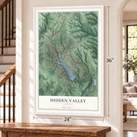 Hidden Valley, Indiana map, 24 x 36 inch print in a white frame by a staircase