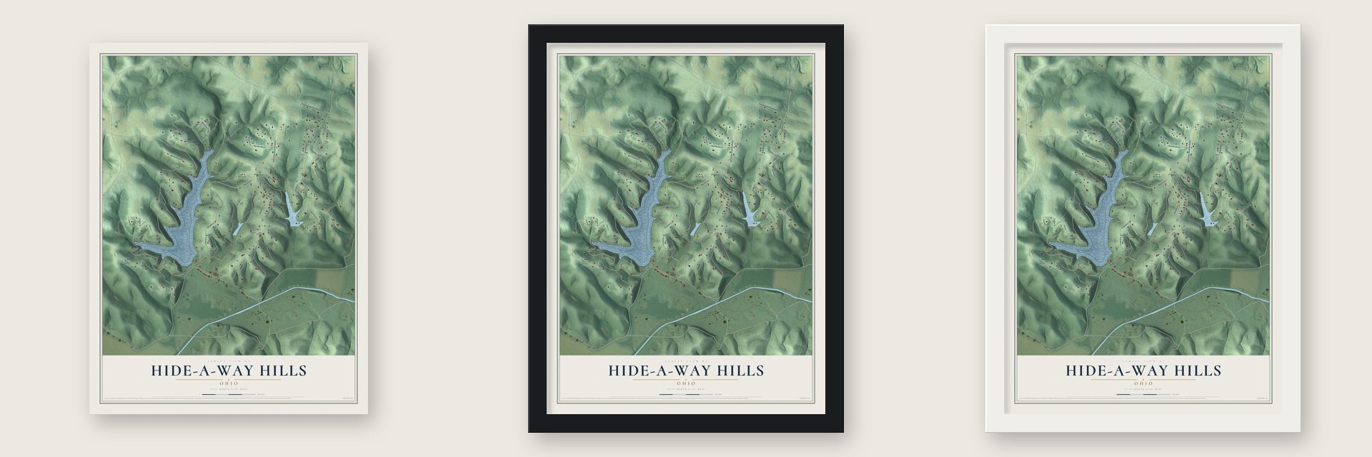 Hide-A-Way Hills, Ohio map unframed, in a black wood frame and in a white wood frame
