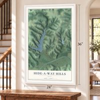 Hide-A-Way Hills, Ohio map, 24 x 36 inch print in a white frame by a staircase