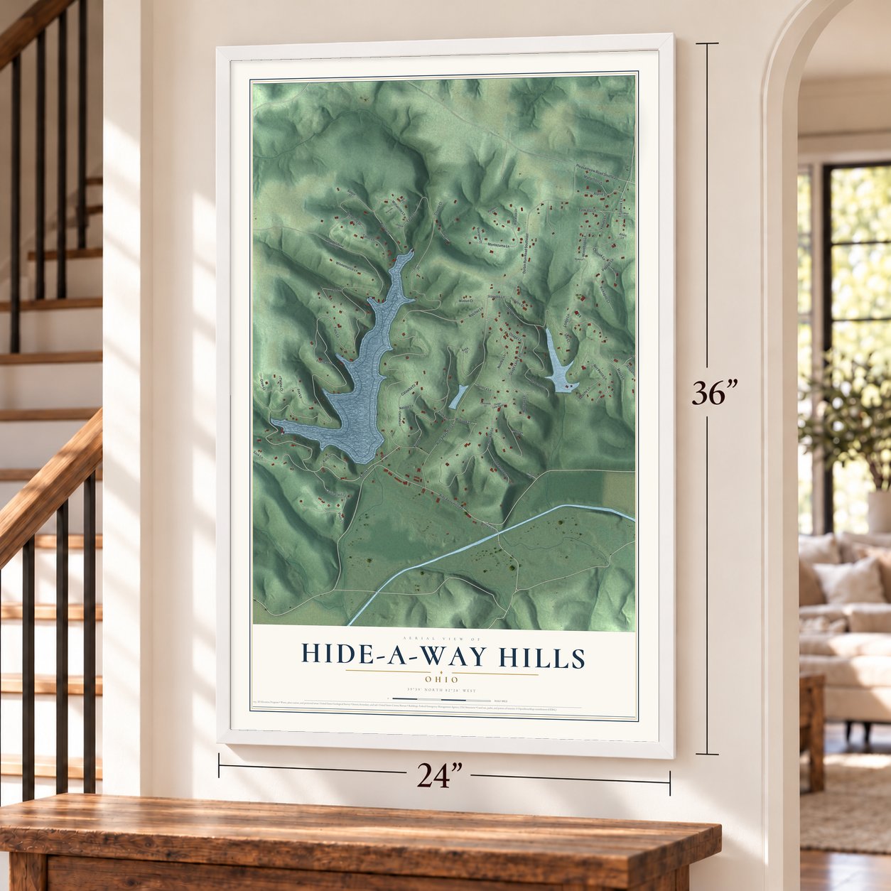 Hide-A-Way Hills, Ohio map, 24 x 36 inch print in a white frame by a staircase