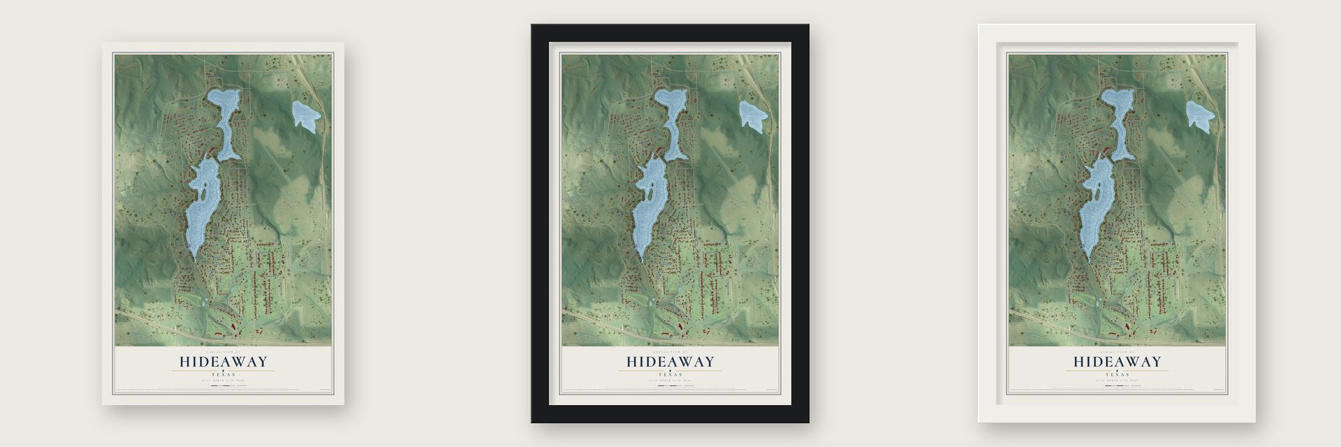 Hideaway, Texas map unframed, in a black wood frame and in a white wood frame