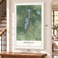Hideaway, Texas map, 24 x 36 inch print in a white frame by a staircase