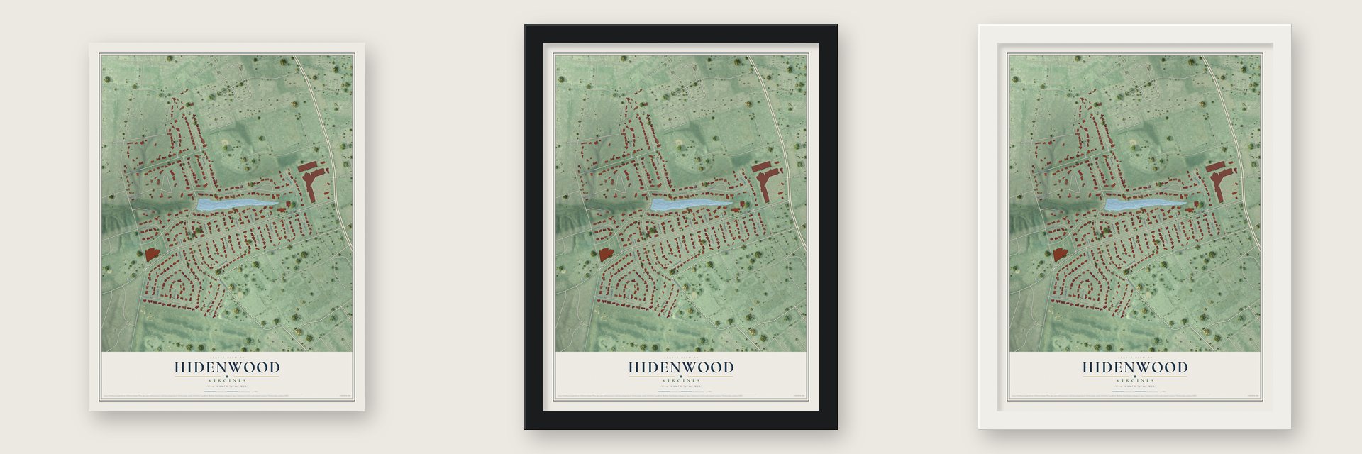 Hidenwood, Virginia map unframed, in a black wood frame and in a white wood frame