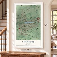 Hidenwood, Virginia map, 24 x 36 inch print in a white frame by a staircase
